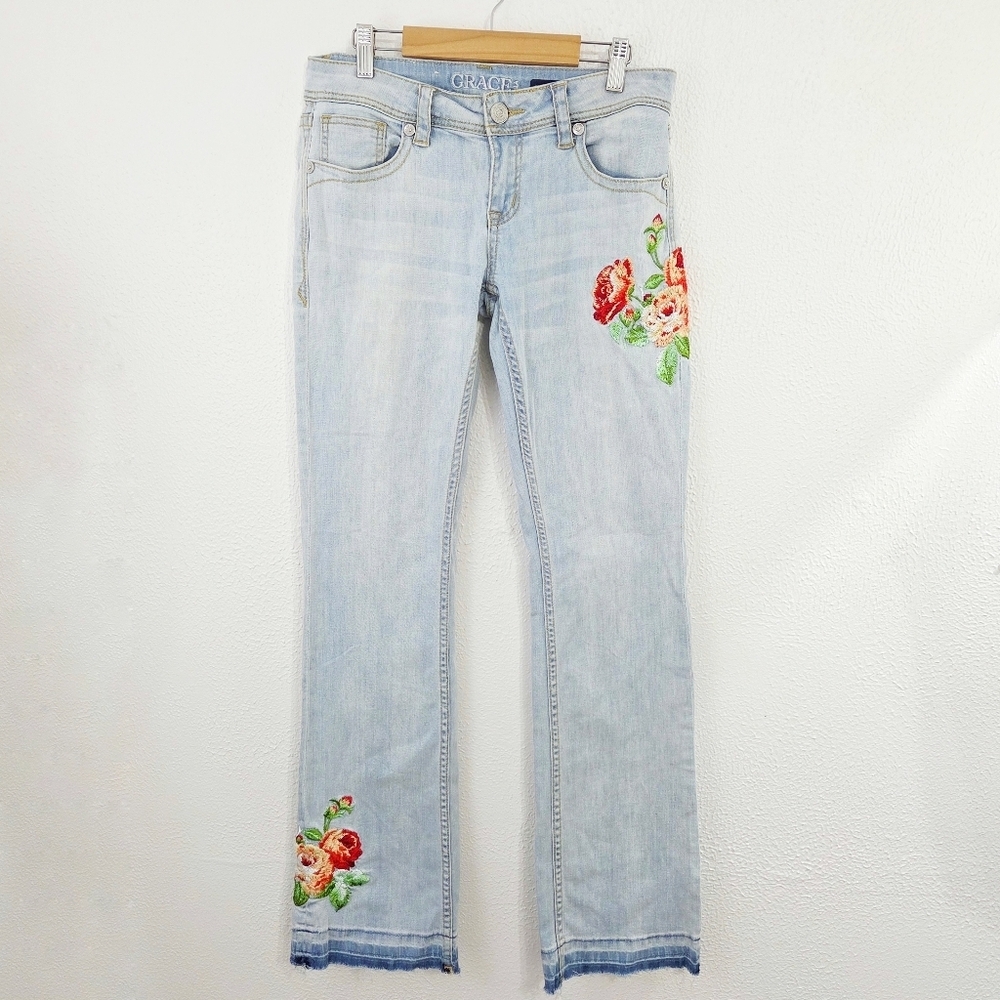 Grace In LA Rose Embroidered Boot Cut Jeans Light Blue Distressed Hem Size 28